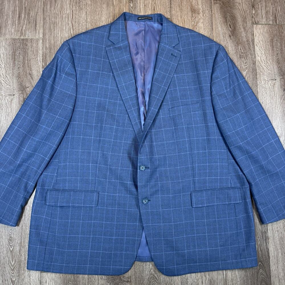HART SCHAFFNER MARX Wool 54R Plaid Blue Sport Coat Jacket Blazer Windowpane
